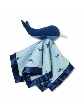 CLOUD ISLAND Small Security Blanket Narwhal Whale Unicorn Blue Muslin Satin NEW
